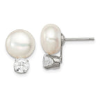 Sterling Silver Rhodium-plate 10-11mm FWC Button Pearl White Topaz Earrings