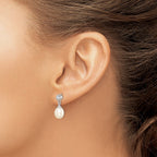 Sterling Silver Rhodium-plated 7-8mm White Rice Freshwater Cultured Pearl and CZ Post Dangle Earrings