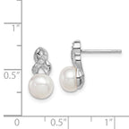 Sterling Silver Rhodium-plated 6-7mm White Button Freshwater Cultured Pearl and CZ Post Earrings