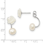 Sterling Silver Rhodium-plated 8-9mm White Button Freshwater Cultured Pearl and Mother Flower Front and Back Post Earrings