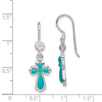Sterling Silver Rhodium-plated Polished Imitation Turquoise Cross & Flower Dangle Earrings