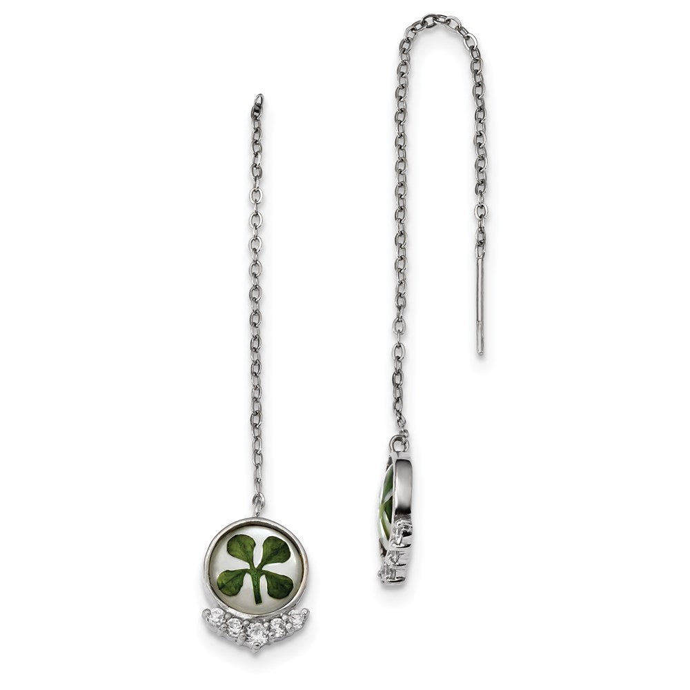 Sterling Silver Plat. Plated Clover Epoxy & Shell CZ Post Earrings