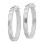 Sterling Silver Rhod-plated Polished & Striped 4mm Oval Hoop Earrings