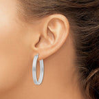 Sterling Silver Rhod-plated Polished & Striped 4mm Oval Hoop Earrings