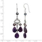 Sterling Silver Antiqued Floral Filigree Amethyst/FWC Pearl Dangle Earrings