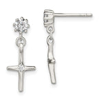 Sterling Silver Polished CZ Cross Post Dangle Earrings