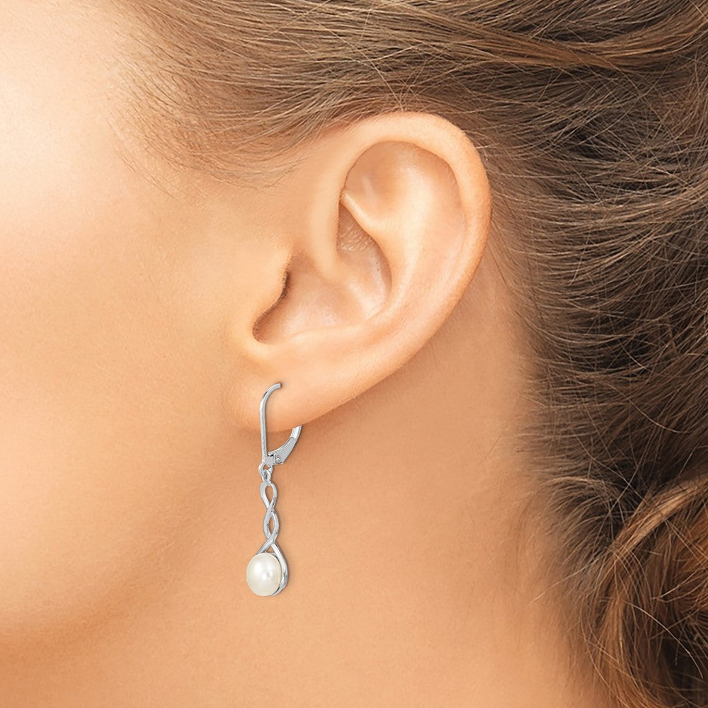 Sterling Silver Rhodium-plated Twisted 7-8mm White Button Freshwater Cultured Pearl Leverback Dangle Earrings