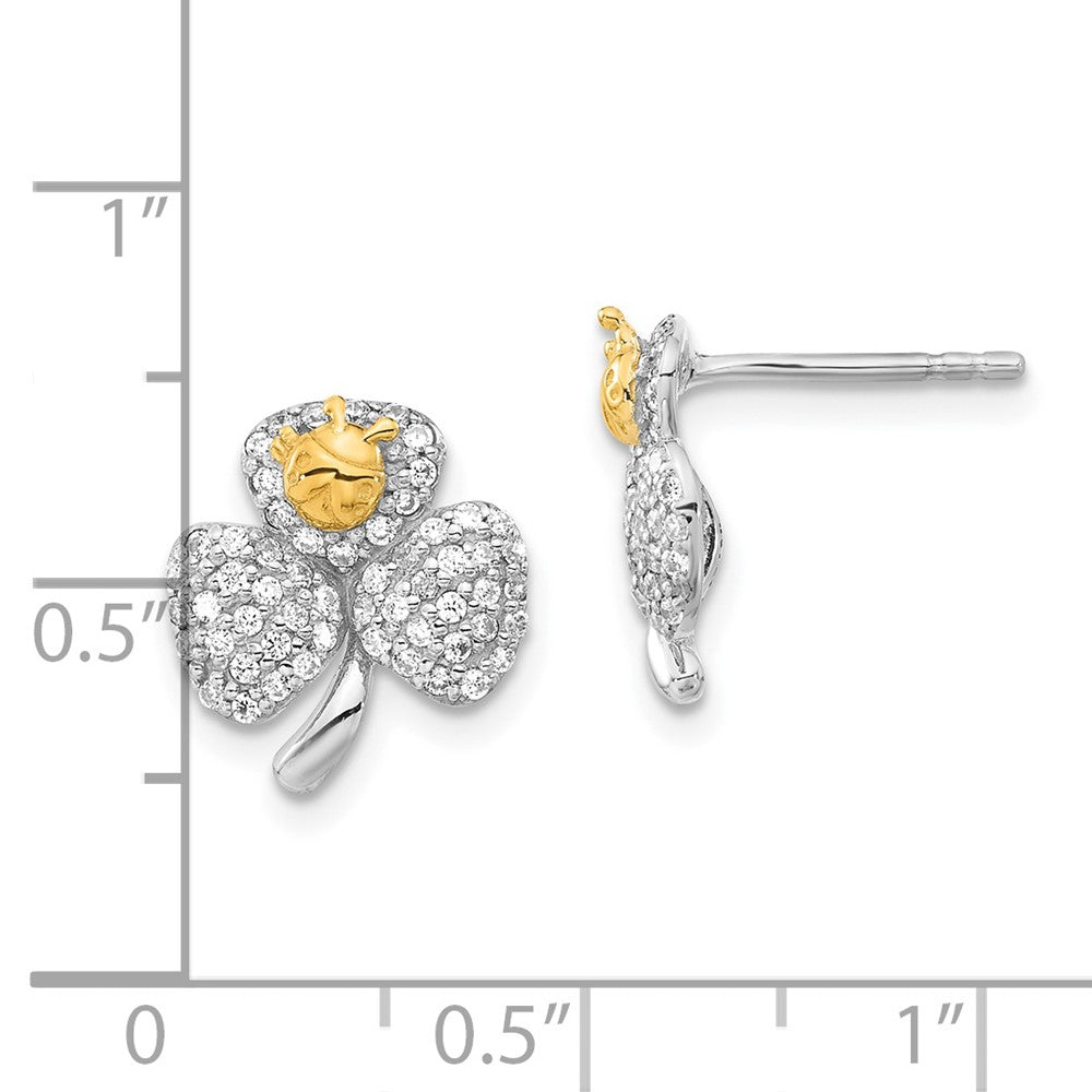 Sterling Silver Rhodium & Gold-tone Polished CZ Ladybug & Clover Post Earrings