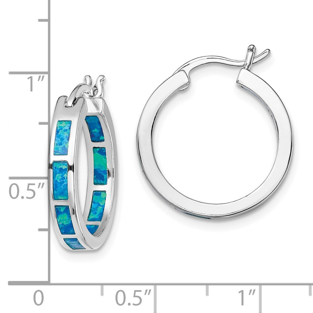 Sterling Silver Rhodium-plated Blue Created Opal In/Out Round Hoop Earrings