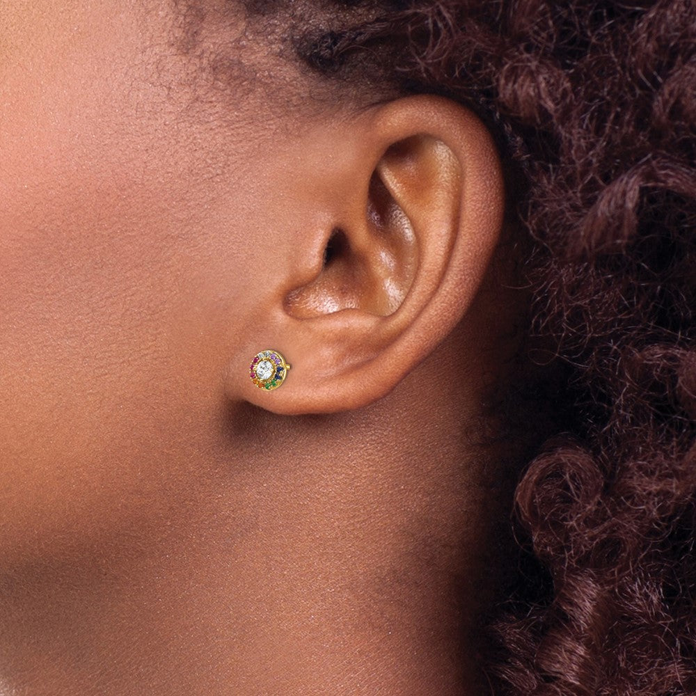 Prizma Sterling Silver Gold-tone 14K Flash Gold-plated Colorful and White CZ Circle Post Earrings