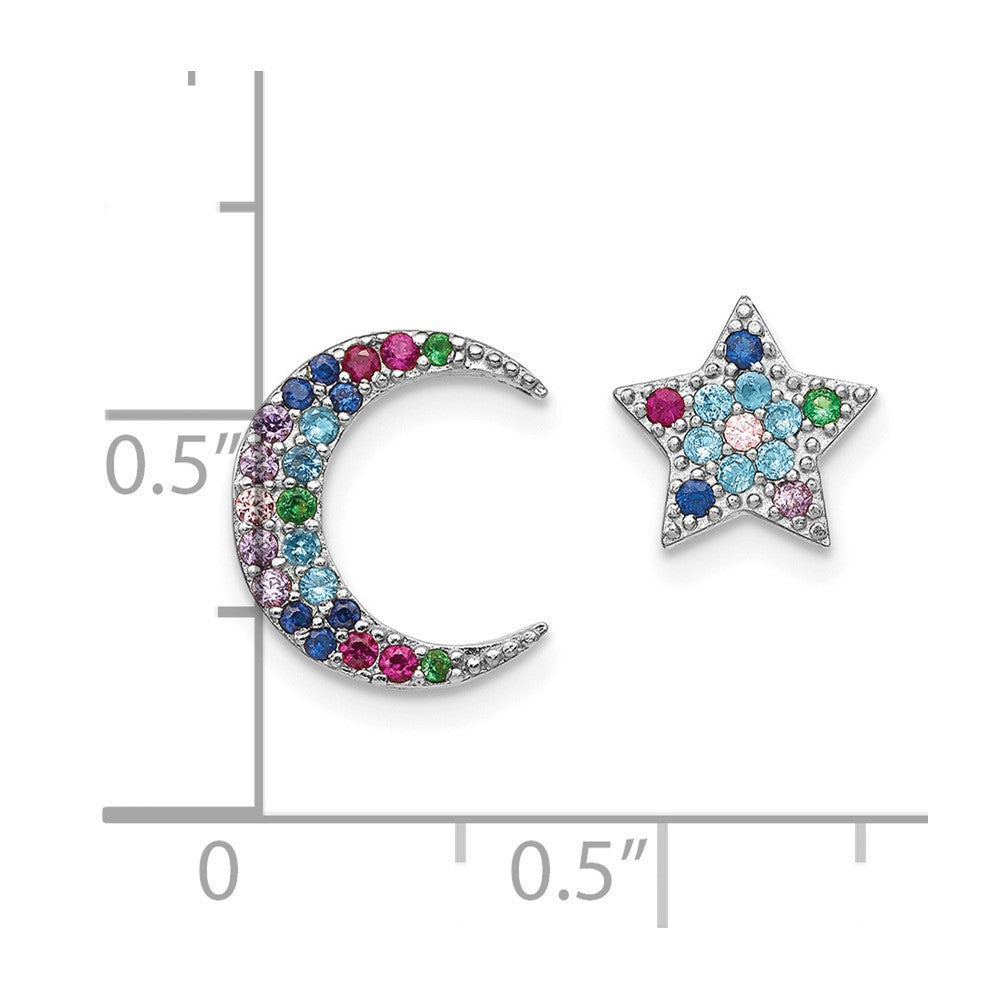 Prizma Sterling Silver Rhodium-plated Moon and Star Colorful CZ Post Earrings