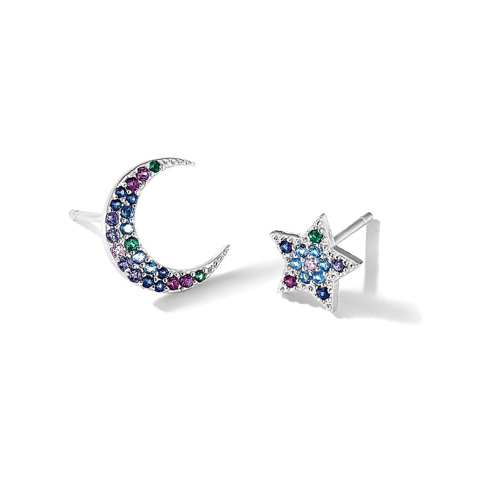 Prizma Sterling Silver Rhodium-plated Moon and Star Colorful CZ Post Earrings