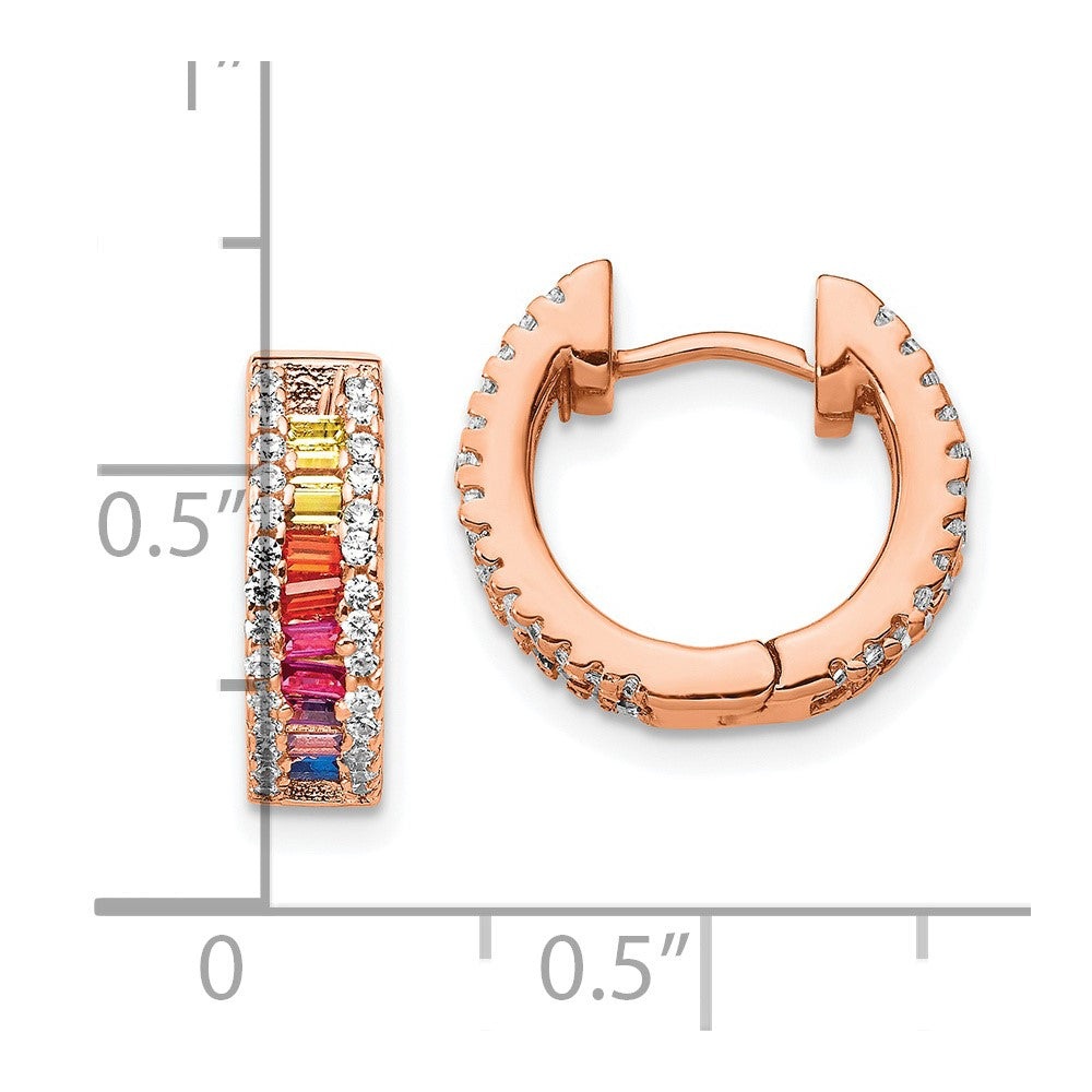 Prizma Sterling Silver Rose-tone 14K Flash Rose Gold-plated White and Colorful Baguette CZ Hinged Hoop Earrings