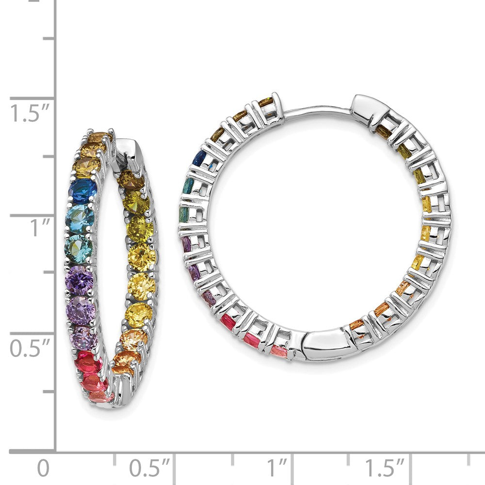 Prizma Sterling Silver Rhodium-plated In and Out Colorful CZ Hinged Hoop Earrings
