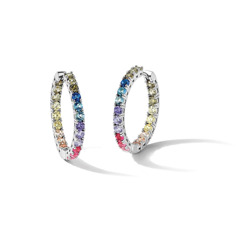 Prizma Sterling Silver Rhodium-plated In and Out Colorful CZ Hinged Hoop Earrings