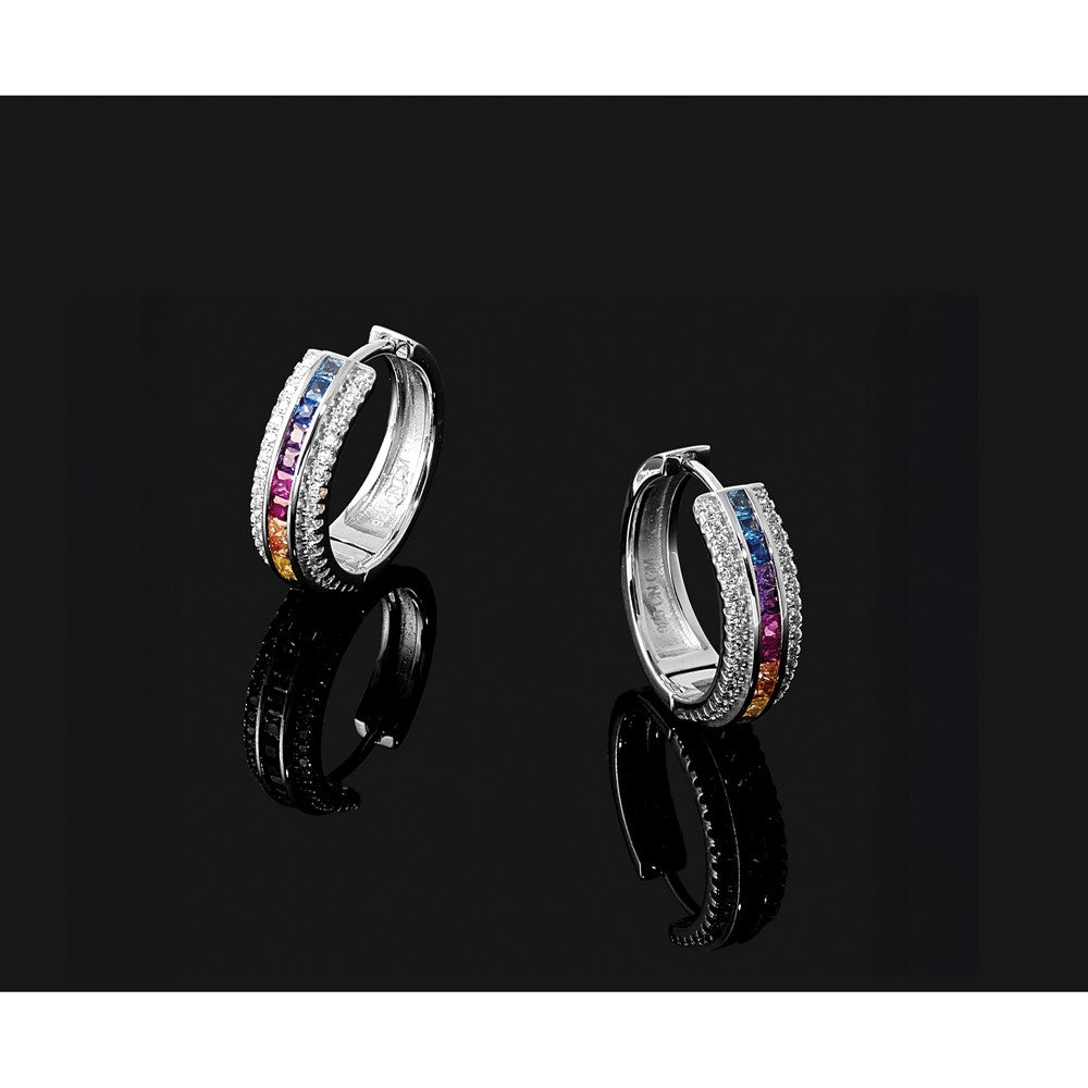 Prizma Sterling Silver Rhodium-plated Channel Set Colorful and White CZ Hinged Hoop Earrings