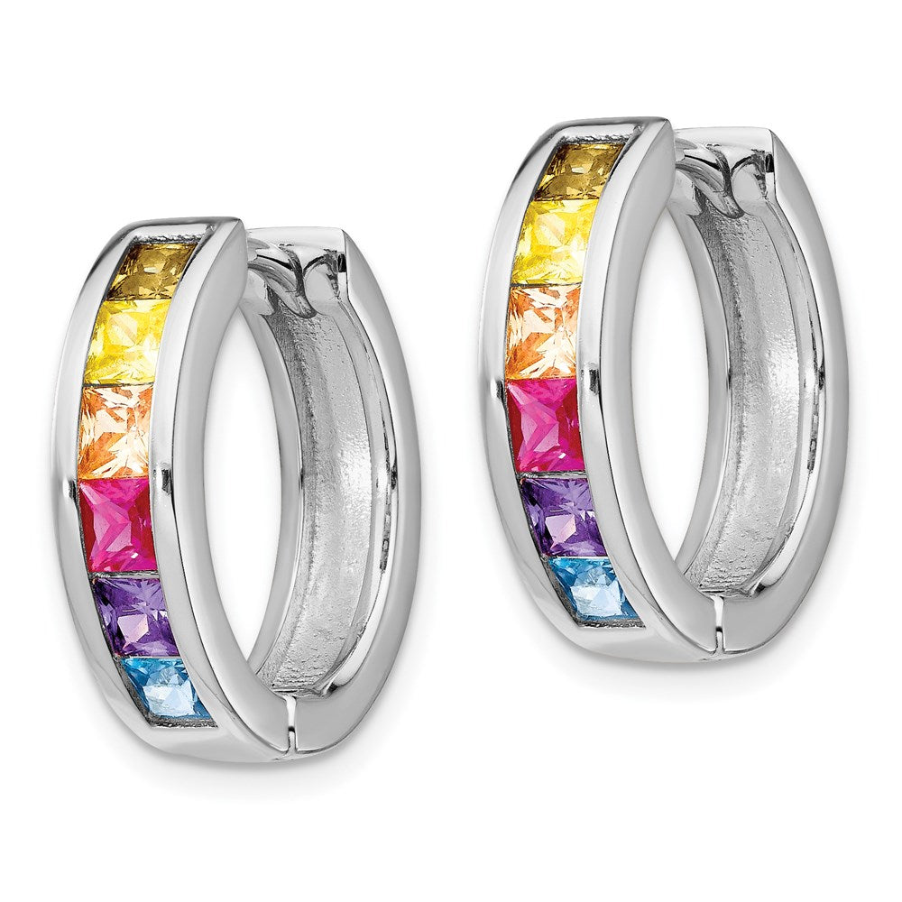 Prizma Sterling Silver Rhodium-plated Channel Set Colorful CZ Small Hinged Hoop Earrings