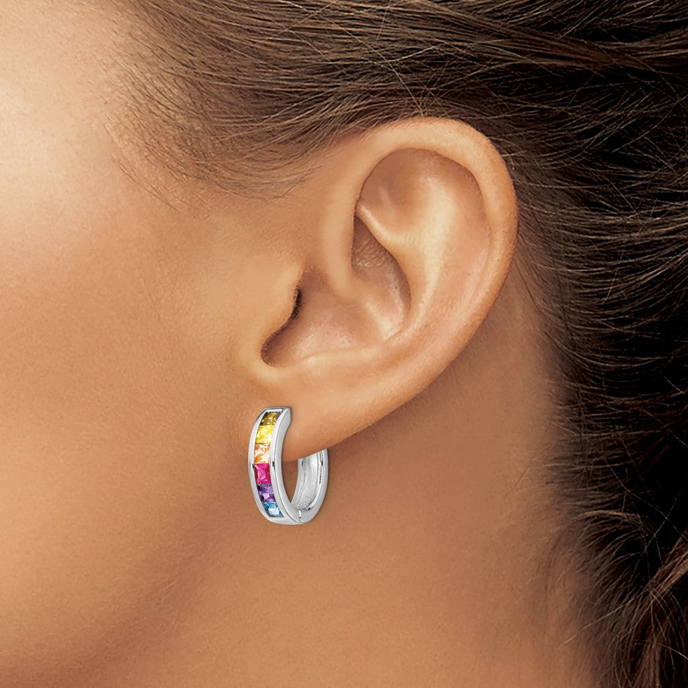 Prizma Sterling Silver Rhodium-plated Channel Set Colorful CZ Small Hinged Hoop Earrings