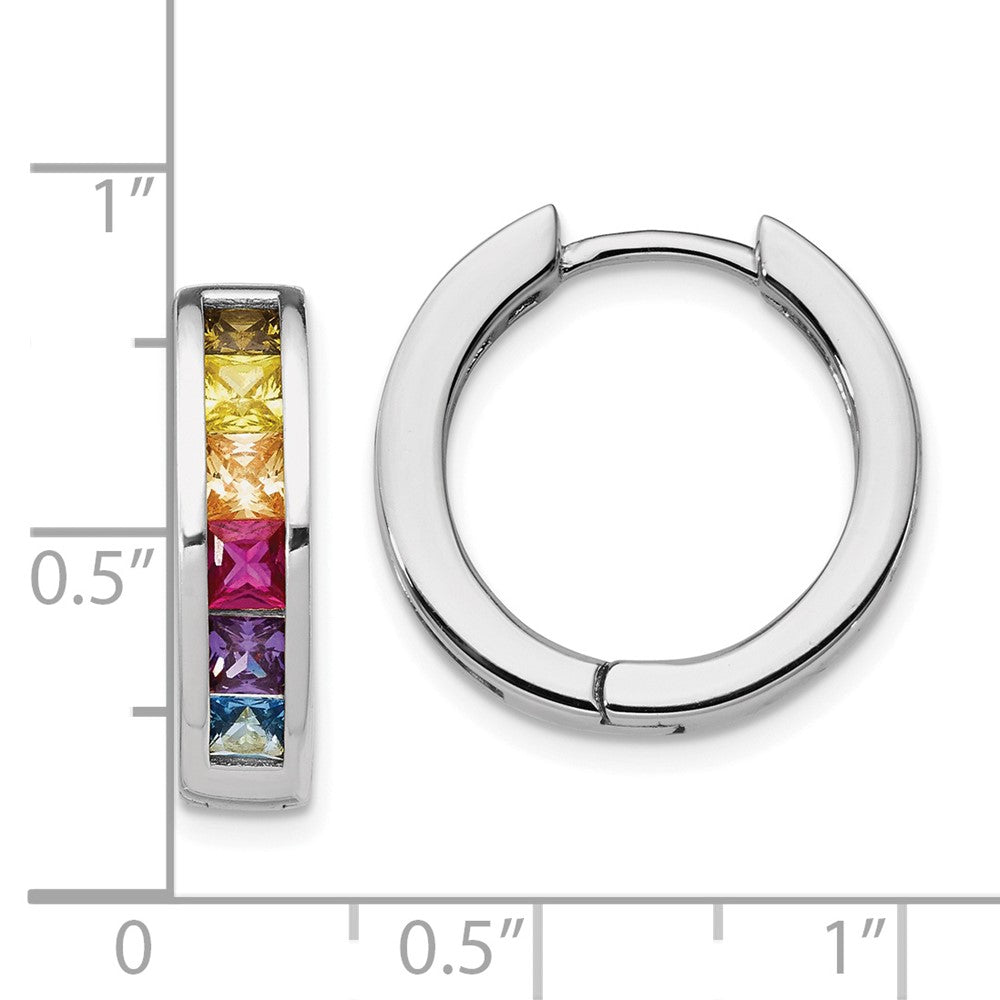 Prizma Sterling Silver Rhodium-plated Channel Set Colorful CZ Small Hinged Hoop Earrings