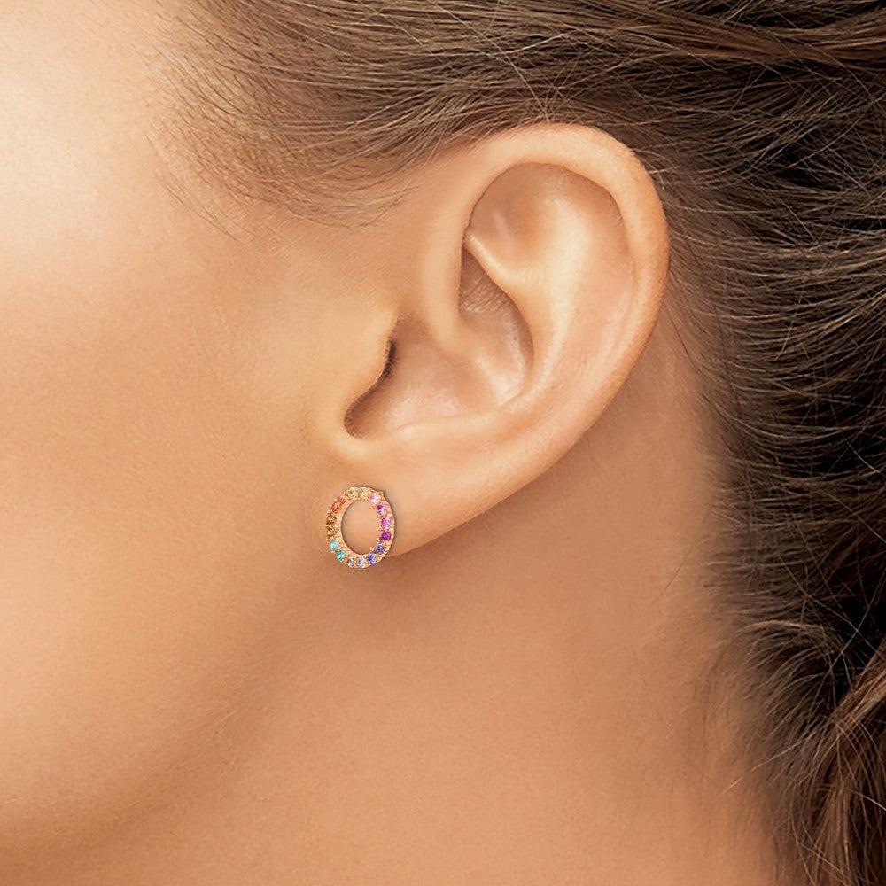 Prizma Sterling Silver Rose-tone 14K Flash Rose Gold-plated Colorful CZ Open Circle Post Earrings