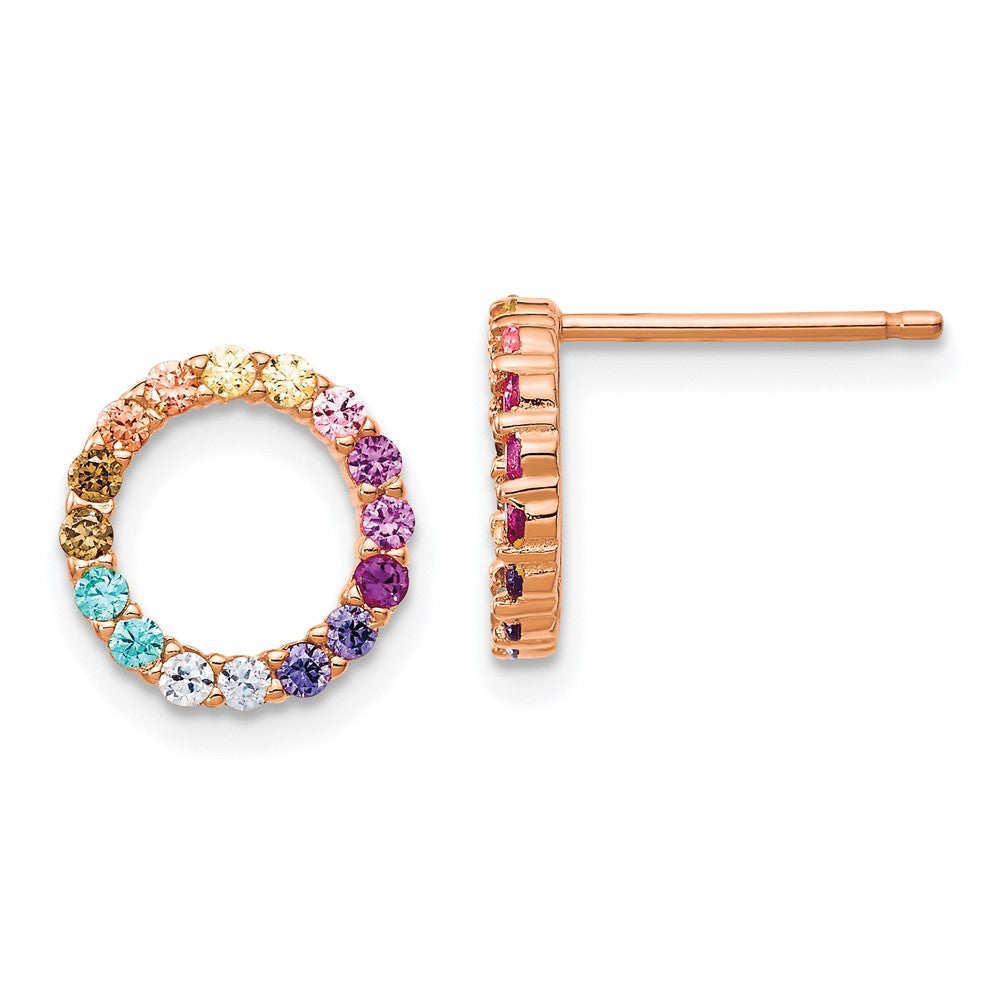 Prizma Sterling Silver Rose-tone 14K Flash Rose Gold-plated Colorful CZ Open Circle Post Earrings