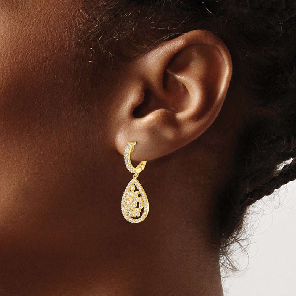 Sterling Shimmer Sterling Silver Gold-tone Flash Gold-plated 126 Stone CZ Teardrop Dangle Hinged Hoop Earrings