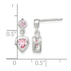Sterling Silver Polished Pink Heart CZ Post Dangle Earrings