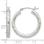 Sterling Silver Diamond-cut Satin 3x25mm Hoop Earrings
