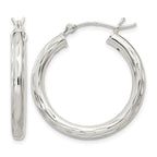 Sterling Silver Diamond-cut Satin 3x25mm Hoop Earrings