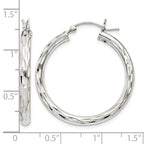 Sterling Silver Diamond-cut Satin 3x30mm Hoop Earrings