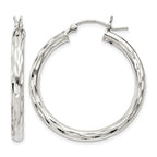 Sterling Silver Diamond-cut Satin 3x30mm Hoop Earrings