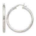 Sterling Silver Diamond-cut Satin 3x35mm Hoop Earrings