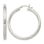 Sterling Silver Diamond-cut Satin 3x35mm Hoop Earrings