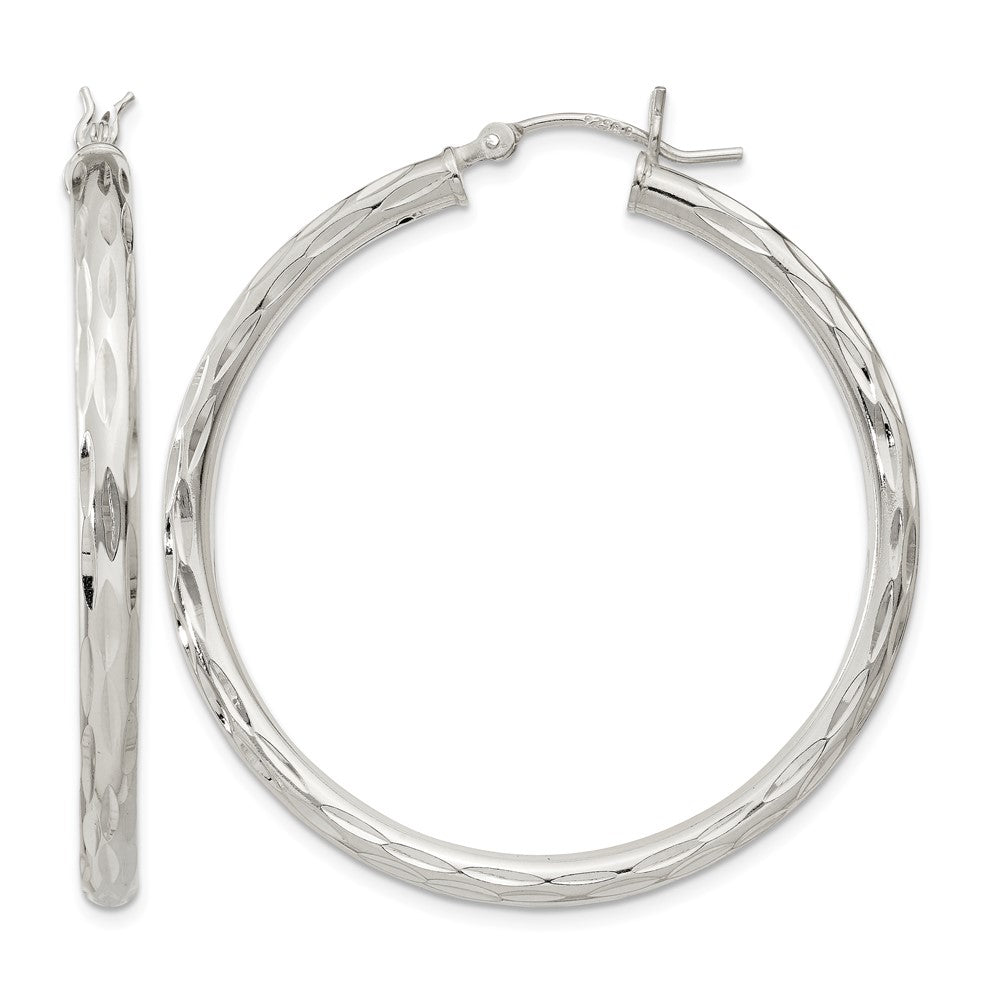 Sterling Silver Diamond-cut Satin 3x40mm Hoop Earrings