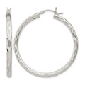 Sterling Silver Diamond-cut Satin 3x40mm Hoop Earrings