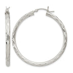 Sterling Silver Diamond-cut Satin 3x40mm Hoop Earrings