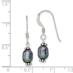 Sterling Silver Polished, Antiqued & Beaded 6-7mm Rice Black Freshwater Cultured Pearl Dangle Earrings