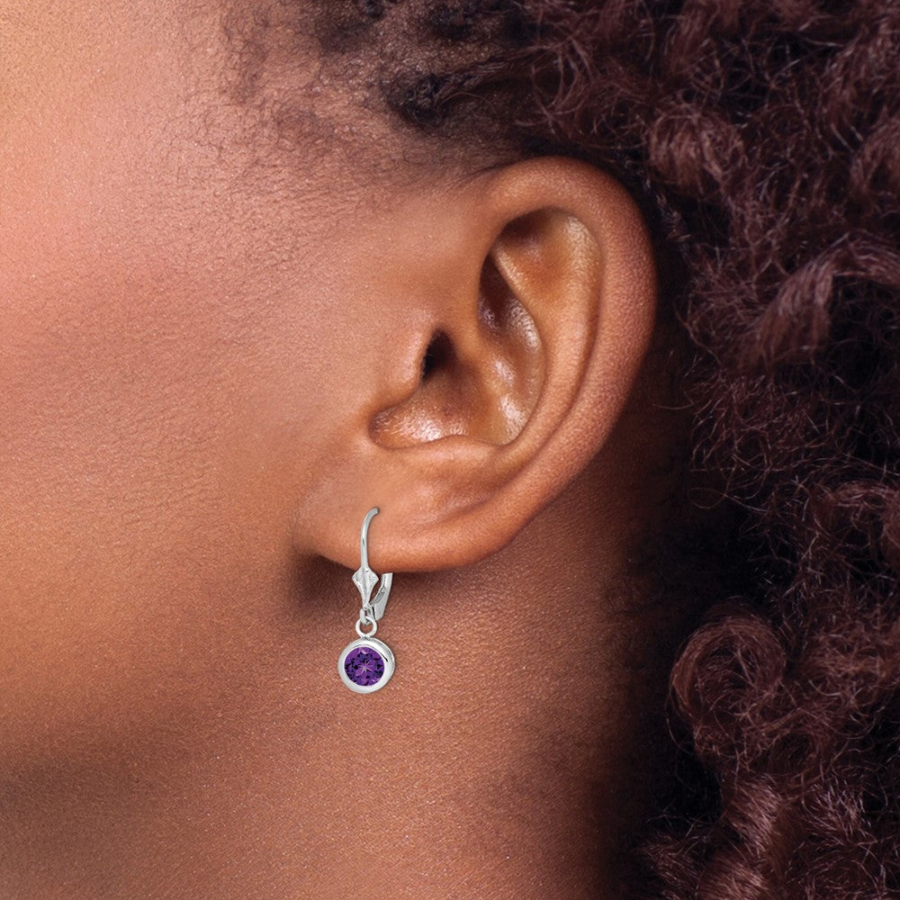 Sterling Silver Rhodium Plated 6mm Round Amethyst Leverback Earrings