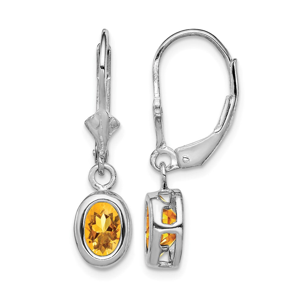 Sterling Silver Rhodium Plated 7x5mm Oval Citrine Leverback Earrings