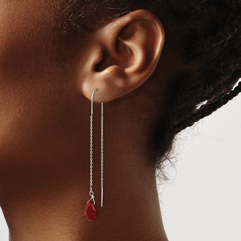 Sterling Silver Polished Faceted Red Crystal Teardrop Threader Earrings