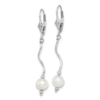 Sterling Silver Rhodium-plated 6-7mm White Semi-Round Freshwater Cultured Pearl Leverback Dangle Earrings