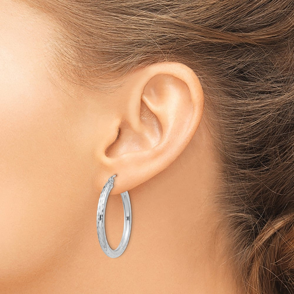 Sterling Silver Rhodium-plated 3.00mm Diamond-cut Hoop Earrings