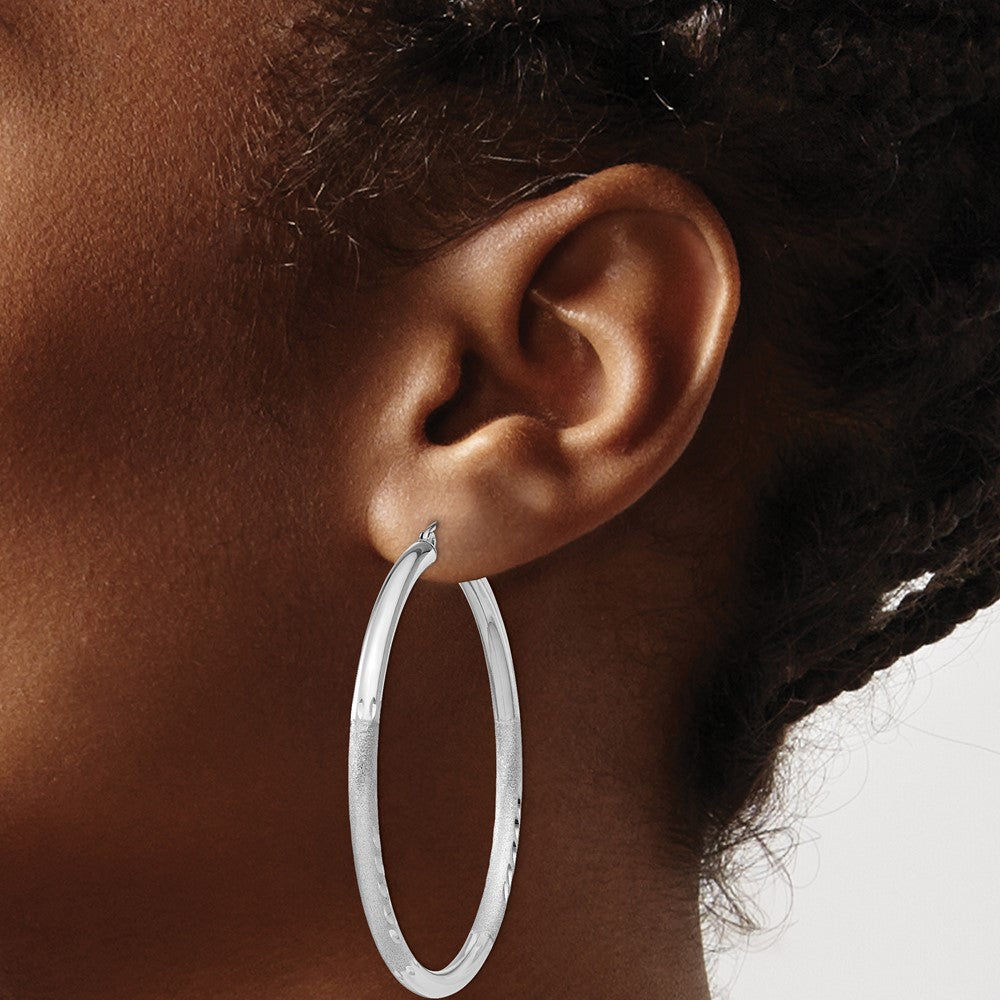 Sterling Silver Rhodium-plated 3mm Polished/Satin Diamond-cut Hoop Earrings