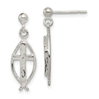 Sterling Silver Polished Antiqued & Textured Ichthus & Cross Post Dangle Earrings