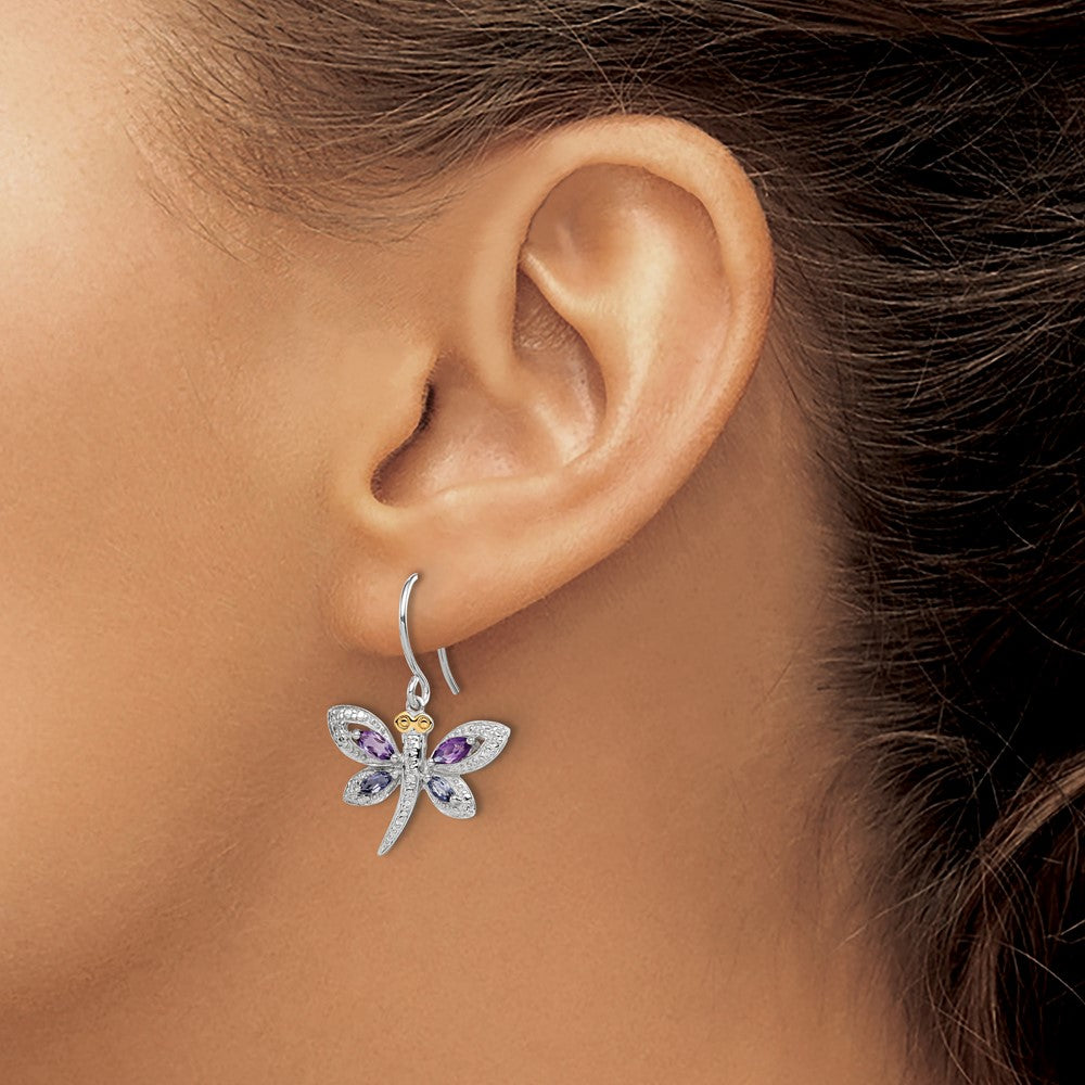Brilliant Gemstones Sterling Silver with 14K Accent Rhodium-plated Amethyst/Iolite/Diamond Dragonfly Earrings