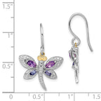 Brilliant Gemstones Sterling Silver with 14K Accent Rhodium-plated Amethyst/Iolite/Diamond Dragonfly Earrings