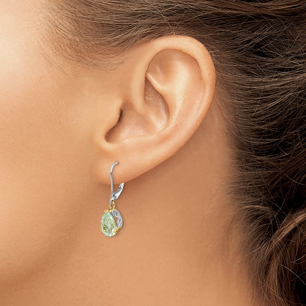 Brilliant Gemstones Sterling Silver with 14K Accent Rhodium-plated Green Quartz Leverback Earrings