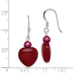 Sterling Silver Polished Red FWC Pearl & Red Jade Heart Dangle Earrings