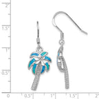 Sterling Silver Rhodium-plated Created Blue Opal Inlay Palm Tree Dangle Earrings