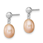 Sterling Silver Rhodium-plated 7-8mm Pink Teardrop Freshwater Cultured Pearl Post Dangle Earrings